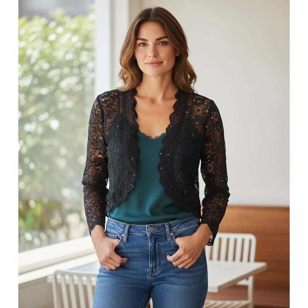 R&M Richards Black Floral Lace Sequin Bolero Shrug Jacket Cropped Cardigan L
